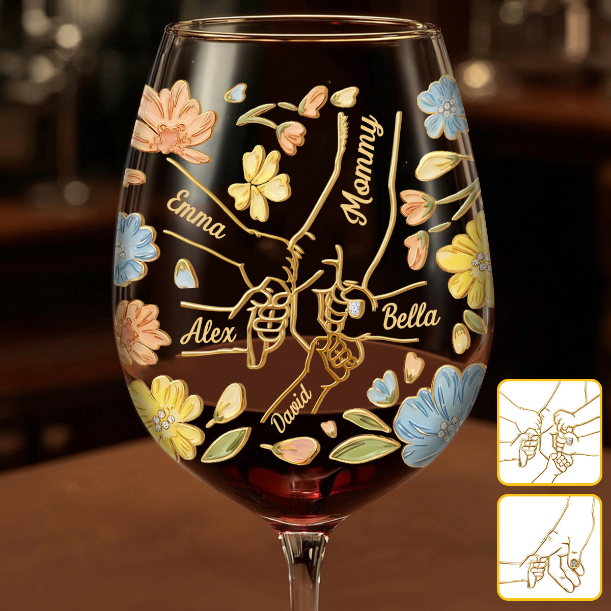 Hand In Hand, The Love Of A Mother And Her Kids - Personalized Mother Wine Glass With Long Stem
