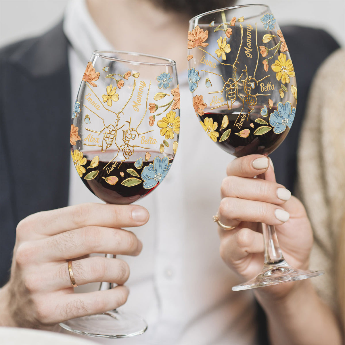 Hand In Hand, The Love Of A Mother And Her Kids - Personalized Mother Wine Glass With Long Stem