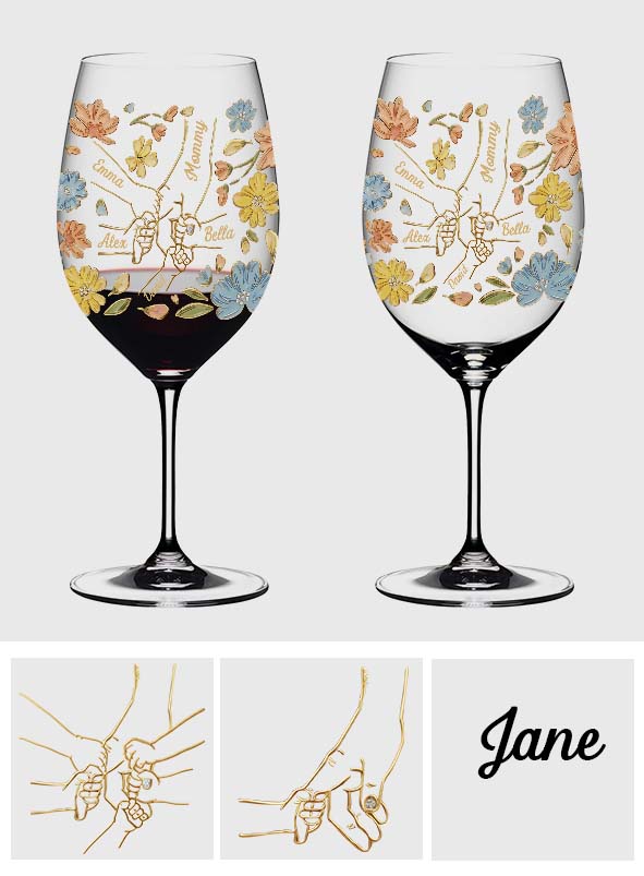 Hand In Hand, The Love Of A Mother And Her Kids - Personalized Mother Wine Glass With Long Stem