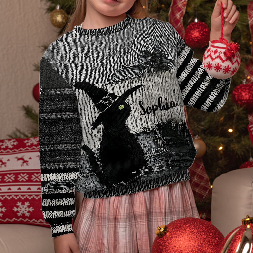 Black Cat With Witch Hat - Personalized Witch Ugly Sweater