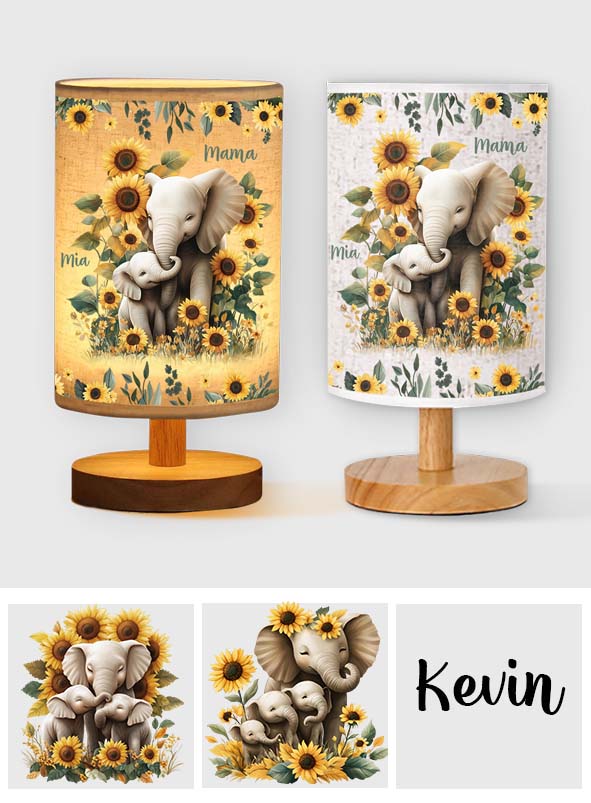 Sunflower Elephant Mom - Personalized Mother Tableside Lamp With Wood Base