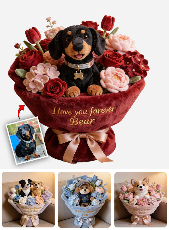 Plüschtier Welpe & Blume – Personalisiertes Kissen in Hundeform aus Kunstfell