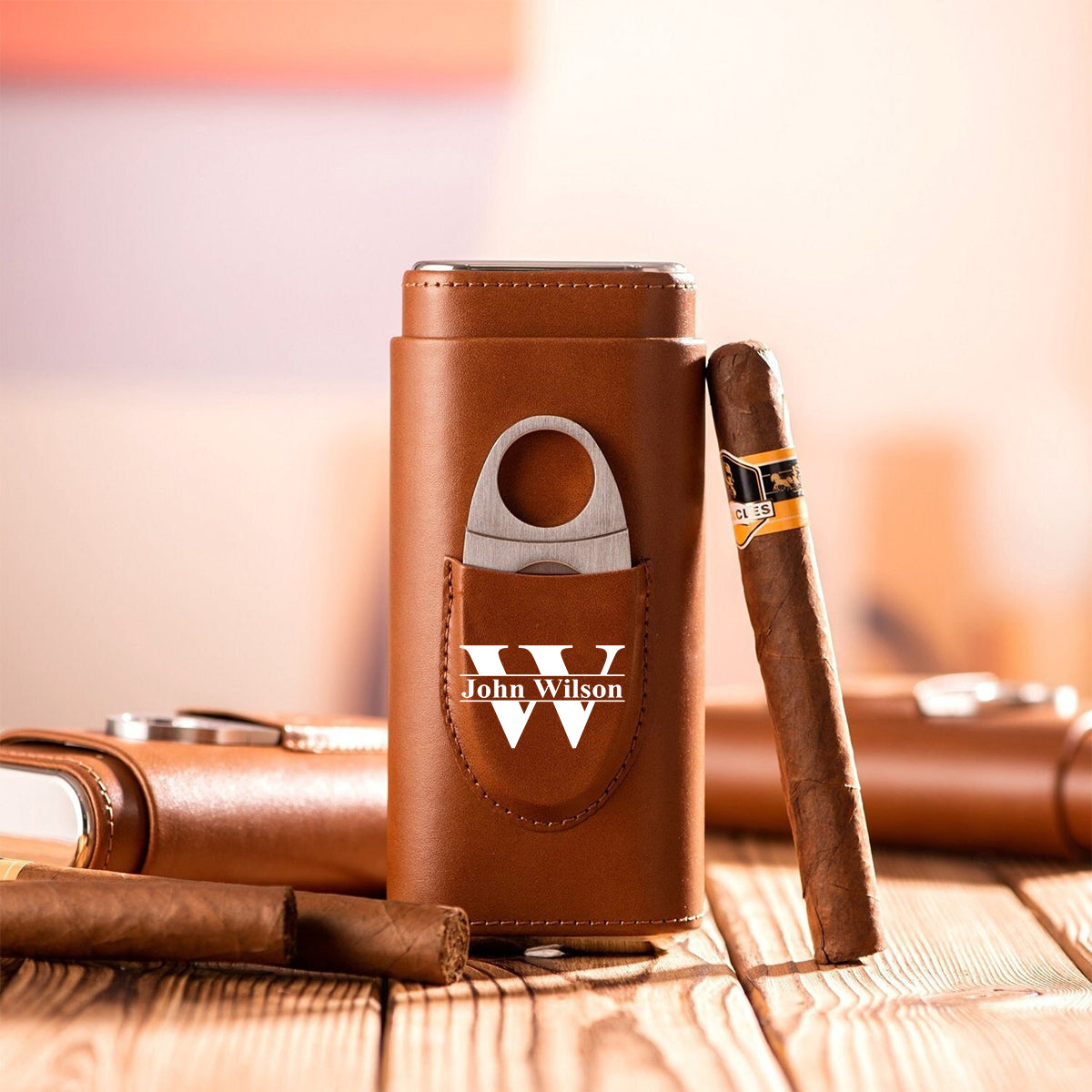 Gift For Dad Grandpa - Proud To Be American Papa - Personalized Father Leather Cigar Humidor Case