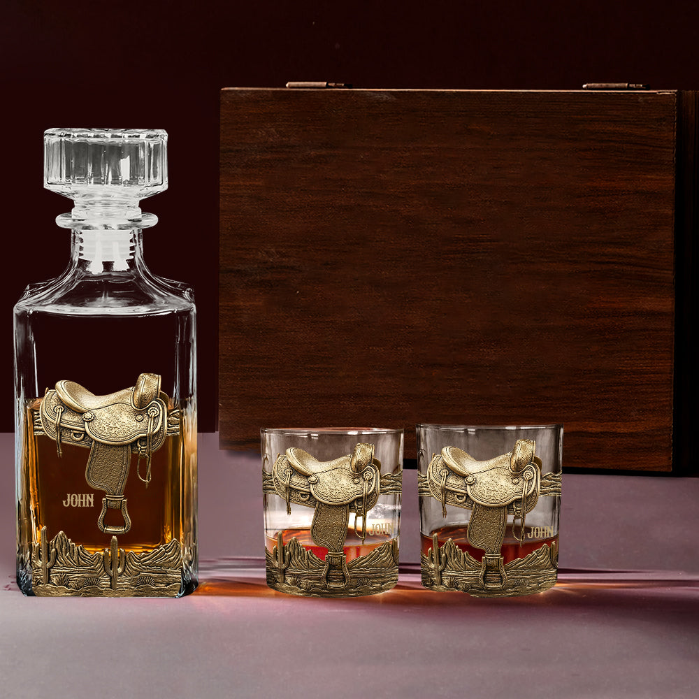 Horseshoe And Saddle - Personalized Horse Whiskey Decanter Set