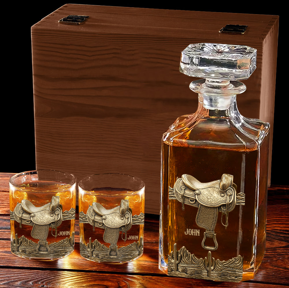 Horseshoe And Saddle - Personalized Horse Whiskey Decanter Set
