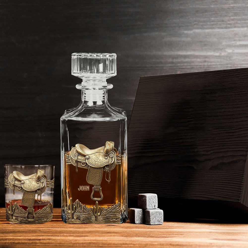 Horseshoe And Saddle - Personalized Horse Whiskey Decanter Set