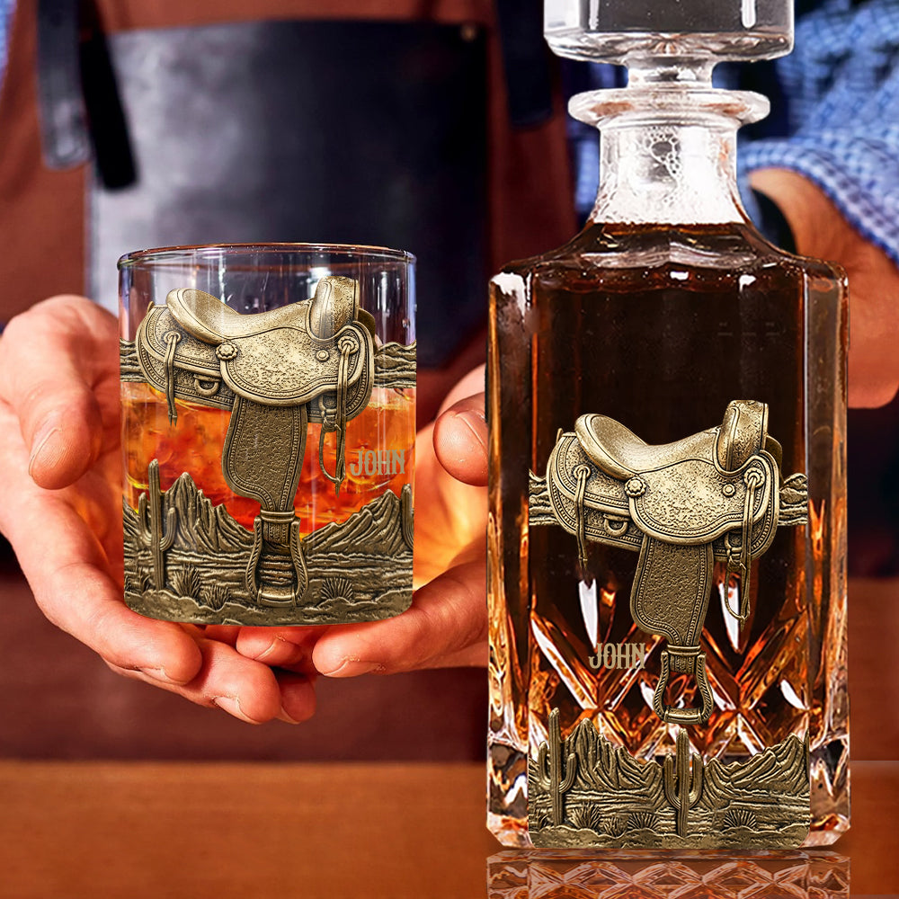 Horseshoe And Saddle - Personalized Horse Whiskey Decanter Set