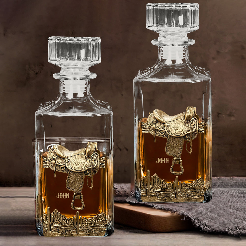 Horseshoe And Saddle - Personalized Horse Whiskey Decanter Set