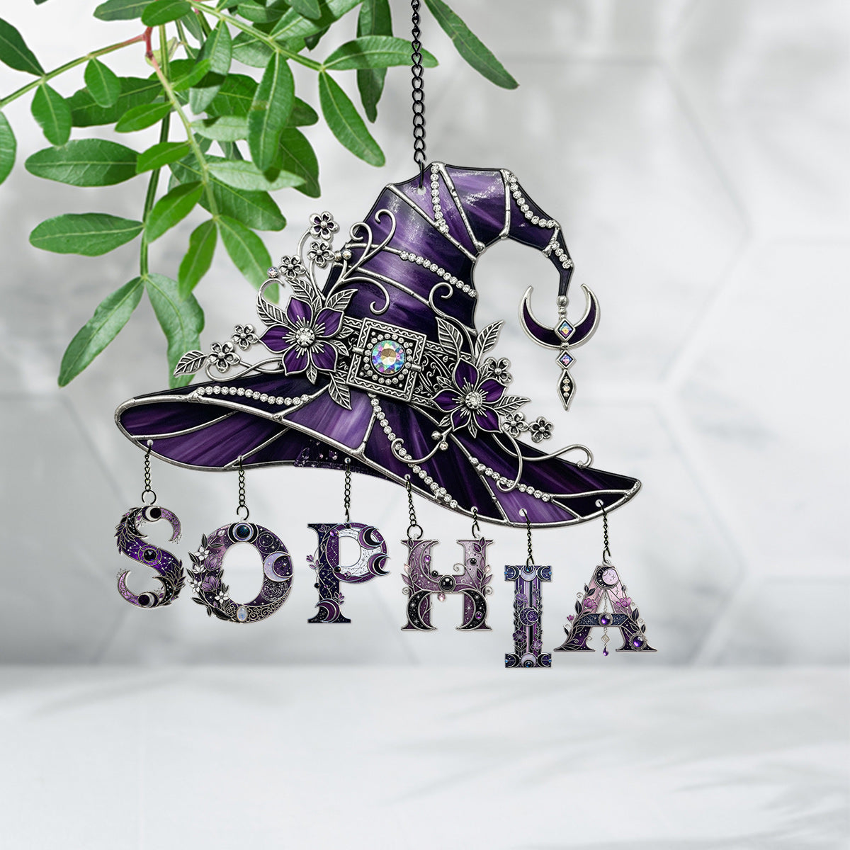 Floral With Hat - Personalized Witch Window Hanging Suncatcher With Custom Charms