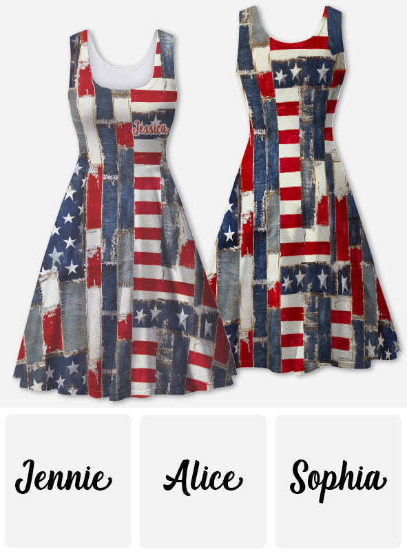 Retro-Kleid mit amerikanischer Flagge, floralem Denim-Motiv – personalisiertes ärmelloses Kleid zum Unabhängigkeitstag/4. Juli