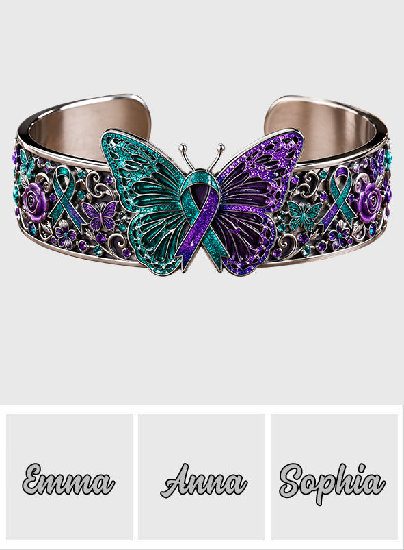Teal & Purple Butterfly - Personalized Suicide Prevention Shaped Cuff Bracelet