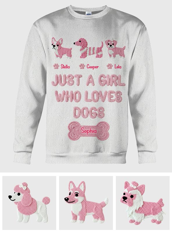 T-shirt personnalisé « Juste une fille qui aime les chiens » avec un motif de chien sur toute la surface