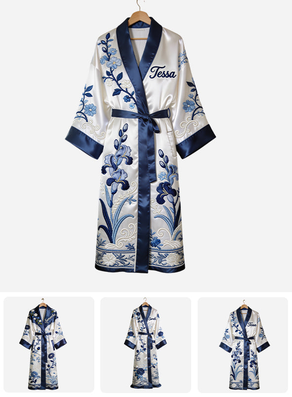 Any Flower, Birth Month Flower Toile de Jouy Style - Personalized Self Love Satin Robe