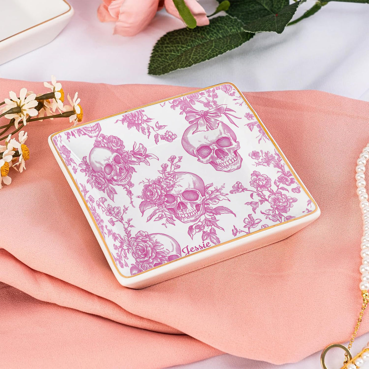 Pink Toile Skull - Personalized Skull Fully Printed Jewelry Dish