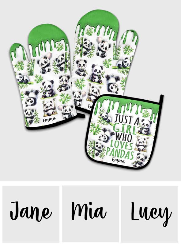Une fille qui adore les pandas - Ensemble de gants de cuisine et maniques personnalisés