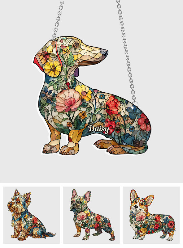 Chiens fleuris - Décoration attrape-soleil personnalisée à suspendre à la fenêtre, motif chien