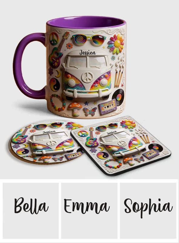 Amour, Espoir, Paix - Mug et sous-verre personnalisés style hippie