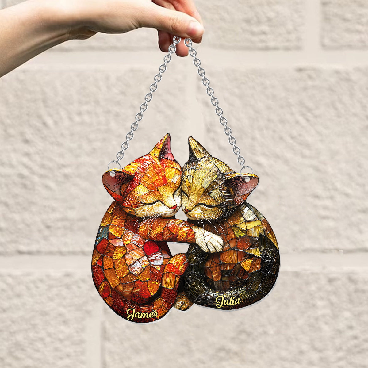 Cute Cat Couple - Personalized Cat Window Hanging Suncatcher Ornament