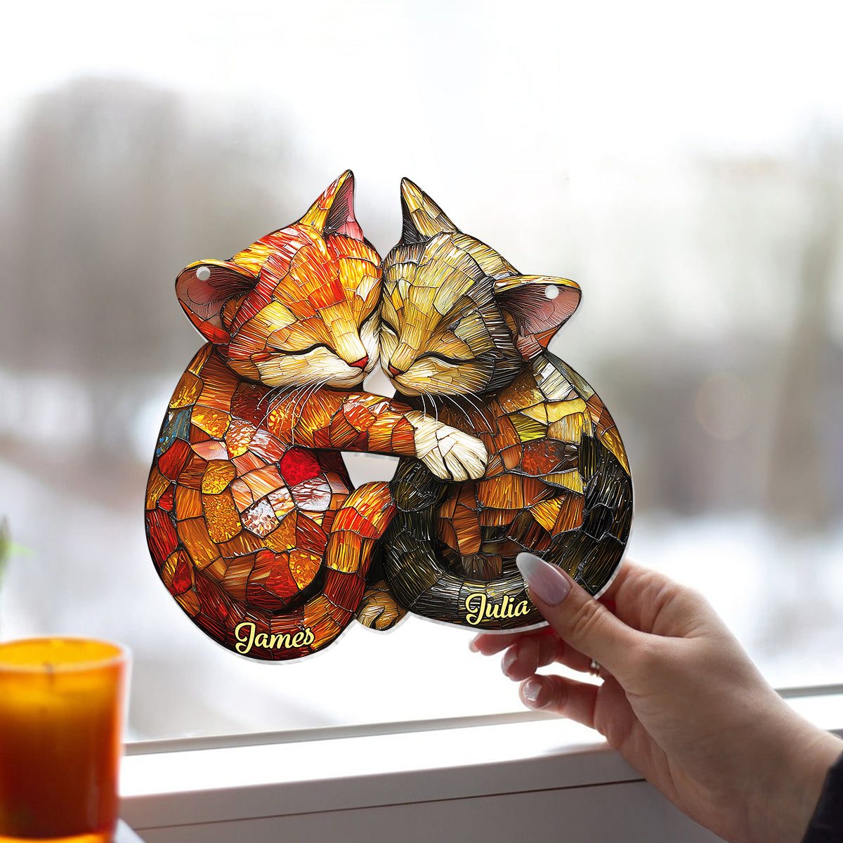 Cute Cat Couple - Personalized Cat Window Hanging Suncatcher Ornament