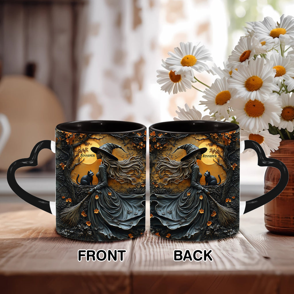 Beautiful Witch & Her Black Cat - Personalized Witch Heart Handle Mug
