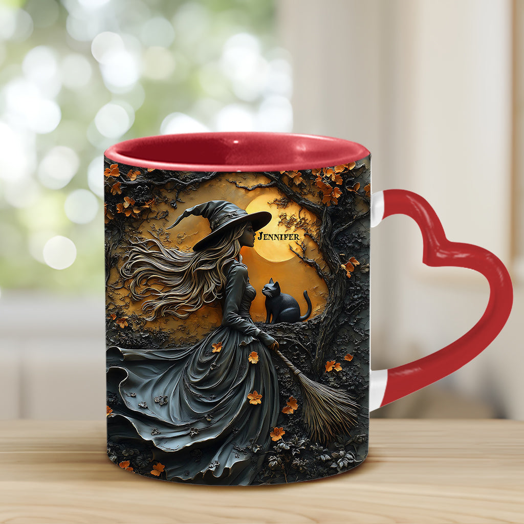 Beautiful Witch & Her Black Cat - Personalized Witch Heart Handle Mug