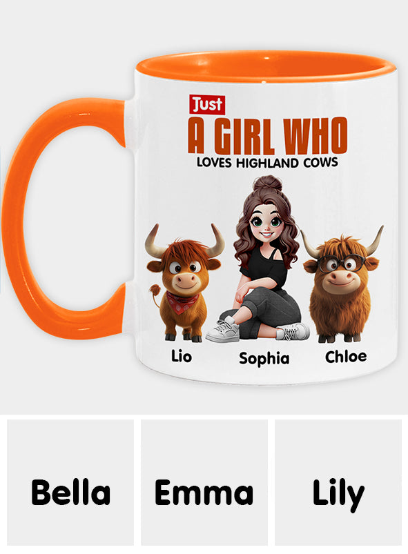 Personalisierte Tasse mit Akzent für ein Mädchen, das Hochlandrinder liebt