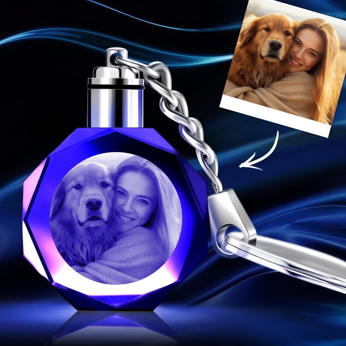 Custom Photo Octagon Crystal Led Light Keychain - gift for anyone, cat lover, dog lover, who lost a loved one - Personalized Keychain