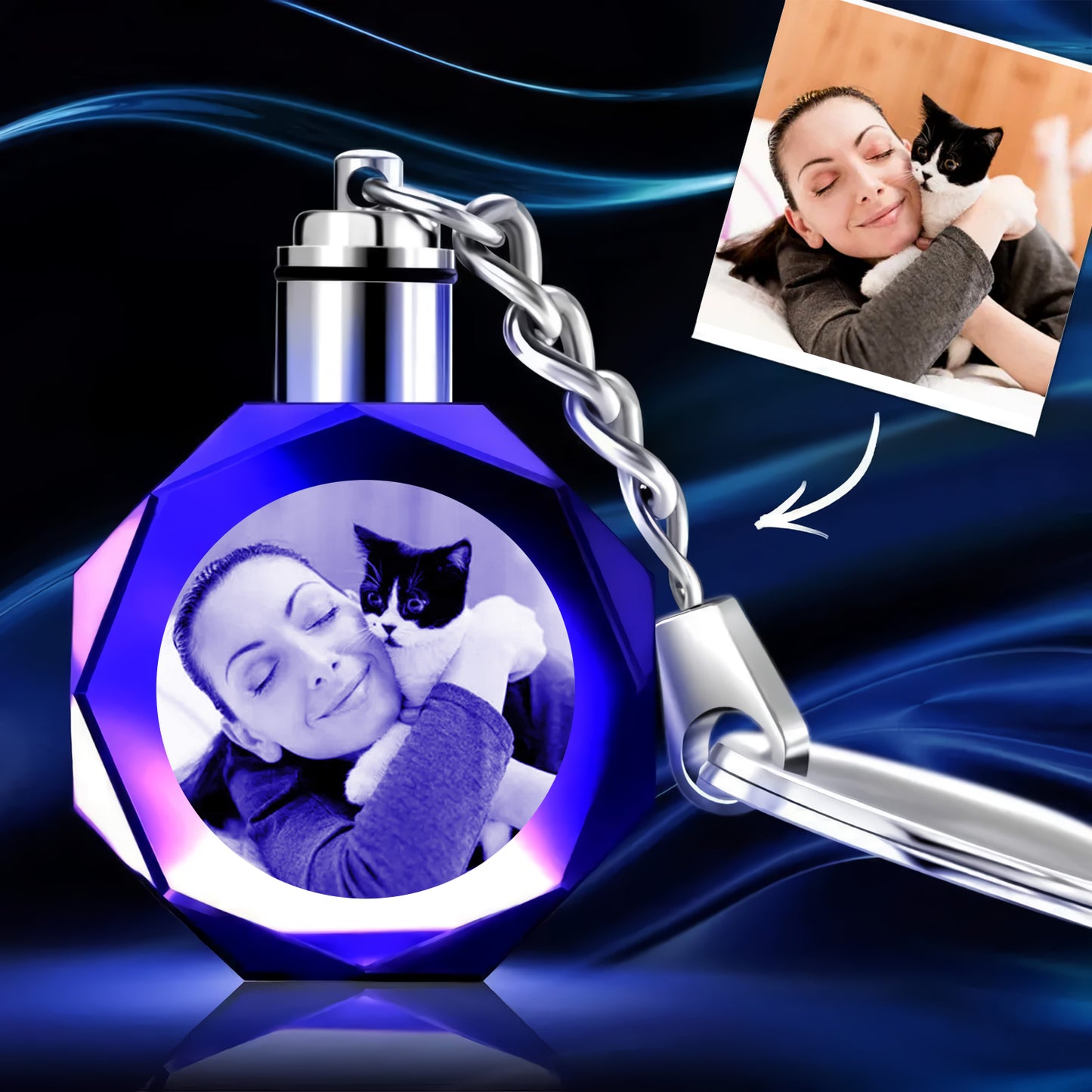 Custom Photo Octagon Crystal Led Light Keychain - gift for anyone, cat lover, dog lover, who lost a loved one - Personalized Keychain