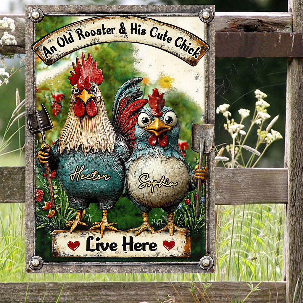 An Old Rooster & His Cute Chick Live Here - Personalized Chicken Rectangle Metal Sign