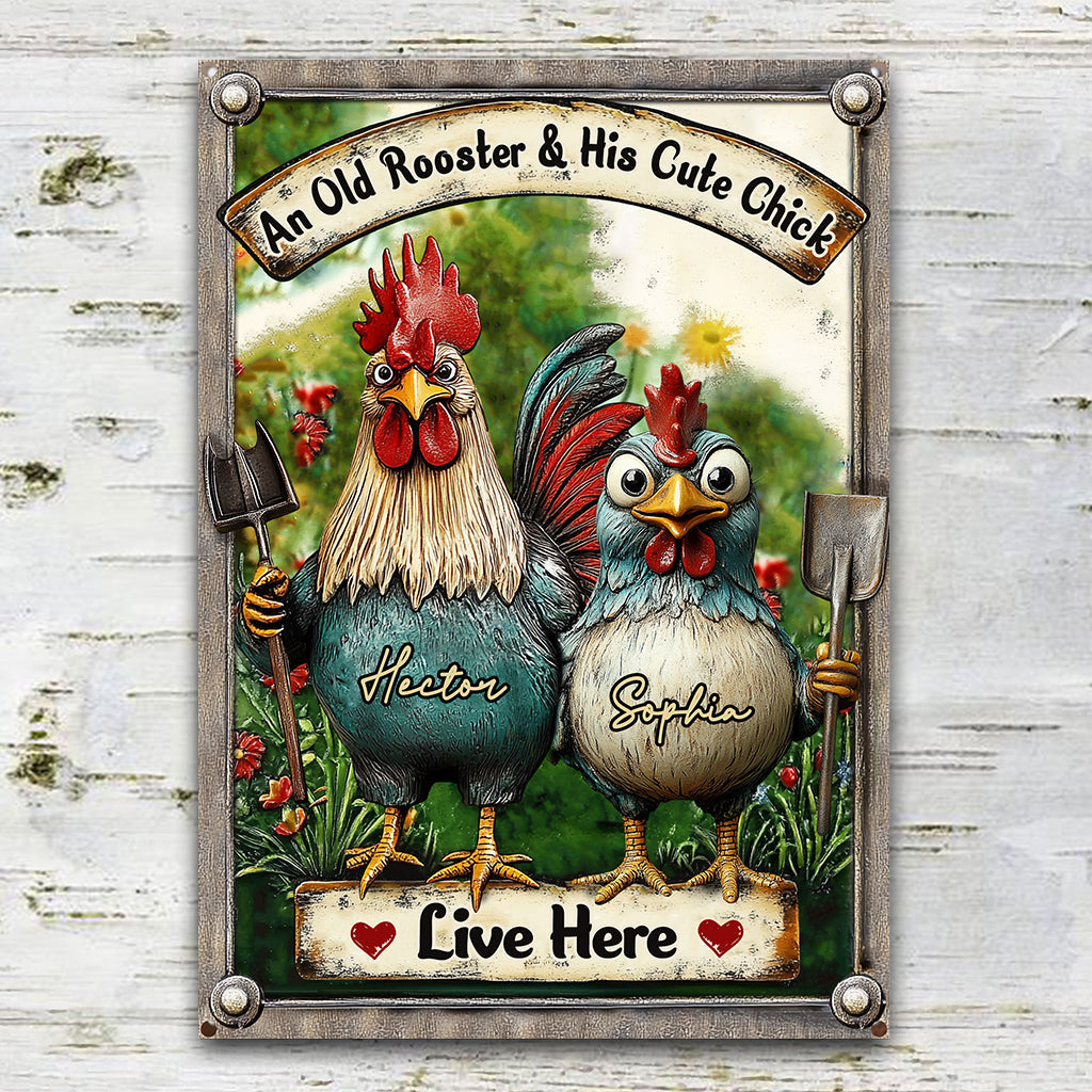 An Old Rooster & His Cute Chick Live Here - Personalized Chicken Rectangle Metal Sign