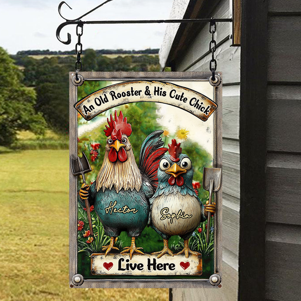 An Old Rooster & His Cute Chick Live Here - Personalized Chicken Rectangle Metal Sign
