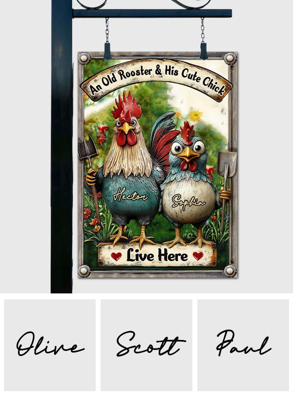 An Old Rooster & His Cute Chick Live Here - Personalized Chicken Rectangle Metal Sign
