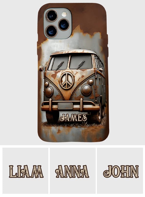 Coque de téléphone personnalisée style hippie vintage, motif « Camping-car, symbole de paix et âme », imprimée intégralement, avec symbole de paix et camping-car.