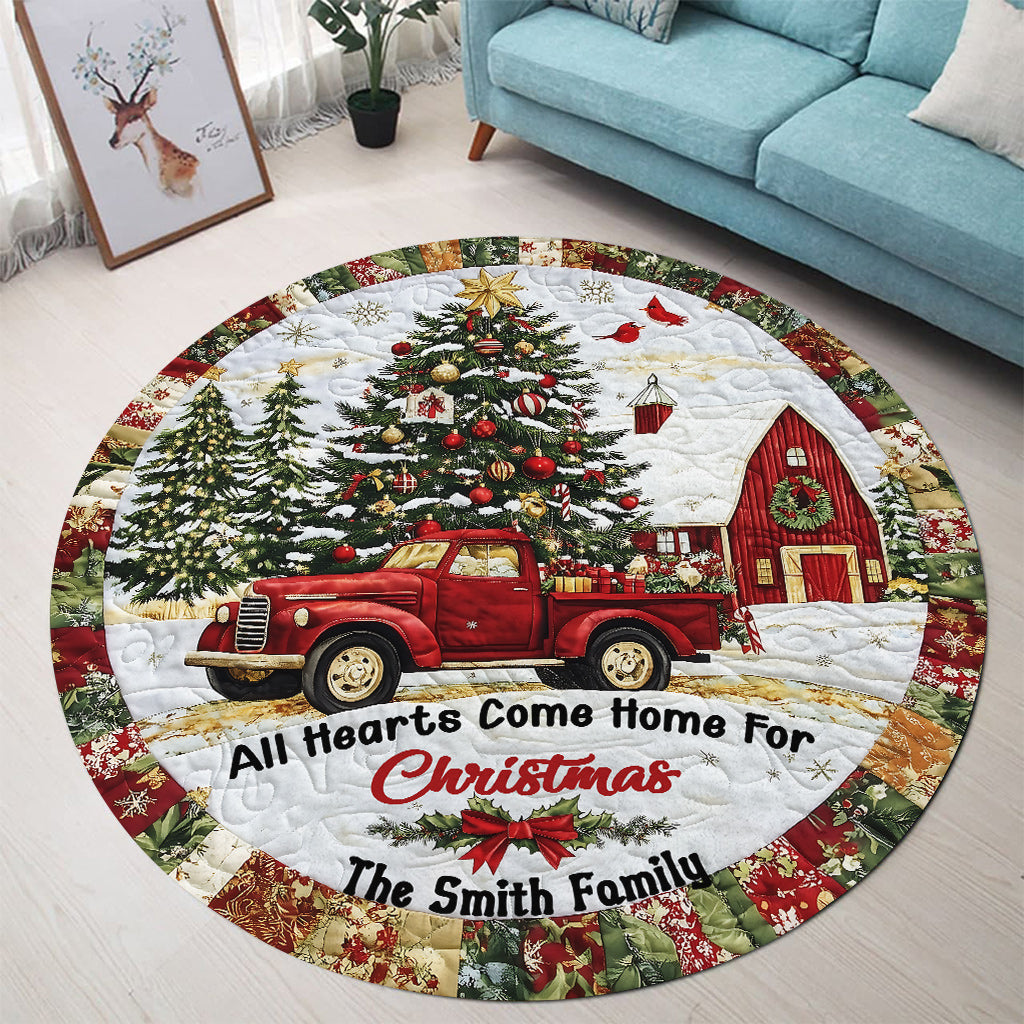 All Hearts Come Home For Christmas - Personalized Family Round Rug