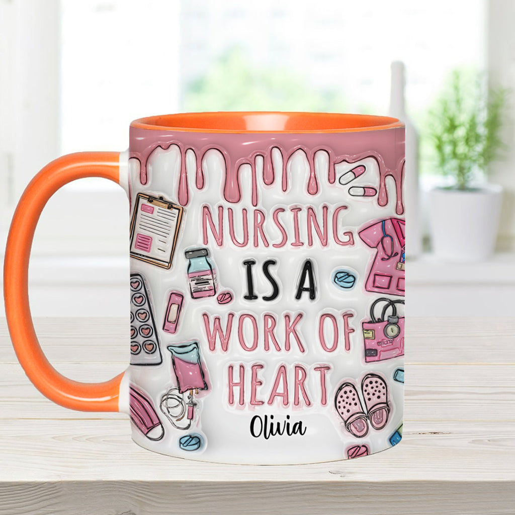 Nursing Is A Work Of Heart - Personalized Nurse Accent Mug
