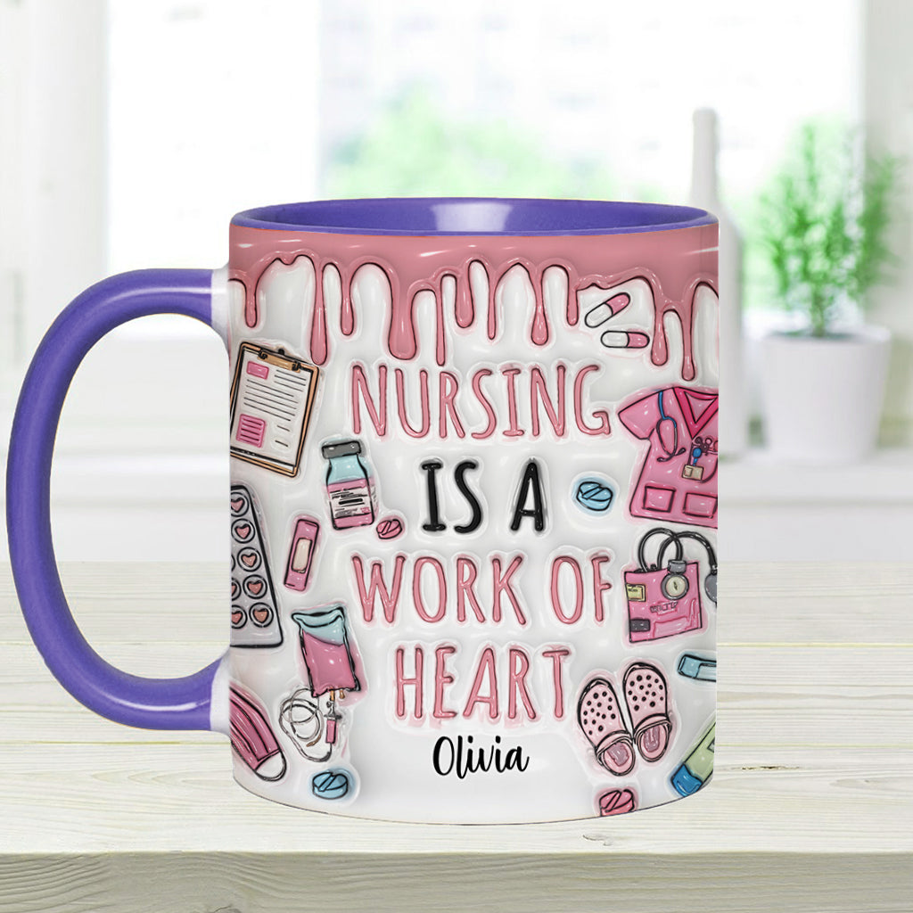 Nursing Is A Work Of Heart - Personalized Nurse Accent Mug