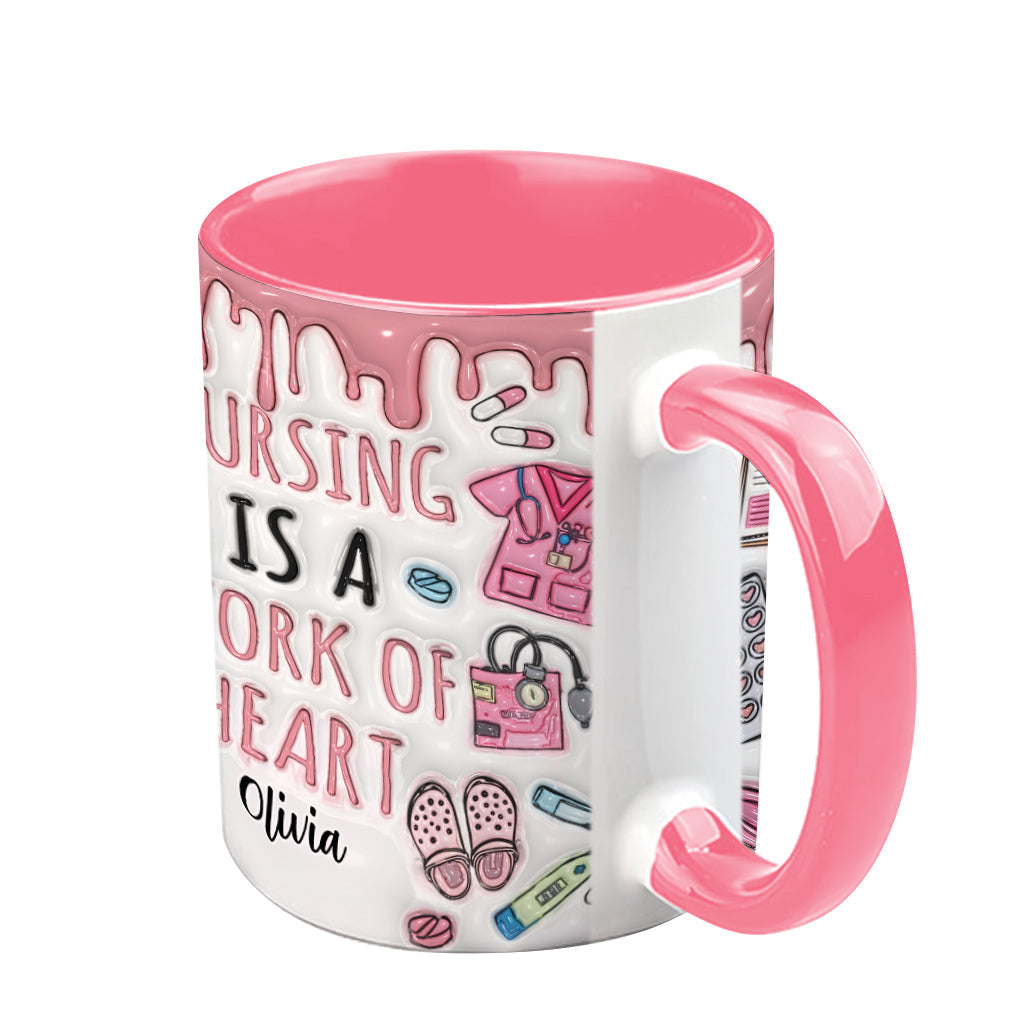 Nursing Is A Work Of Heart - Personalized Nurse Accent Mug