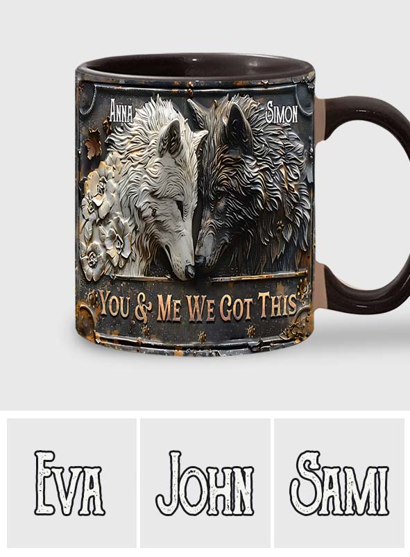 „Du und ich, wir schaffen das“ – personalisierte Tasse mit Wolfsmotiv