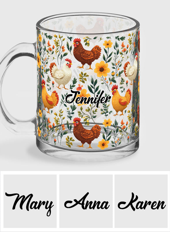 Mug en verre personnalisé avec motif de poules fleuries mignonnes - Mug en verre personnalisé avec motif de poules