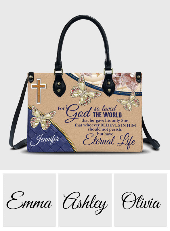 Denn so sehr hat Gott die Welt geliebt – personalisierte Schmetterlings-Lederhandtasche