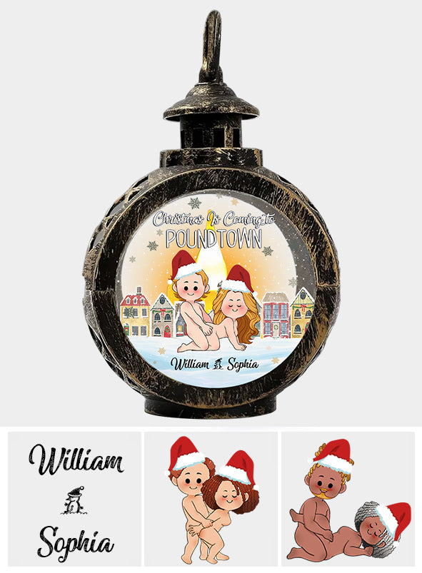 Christmas Is Coming To Poundtown - Personalized Couple Round Lantern With Light