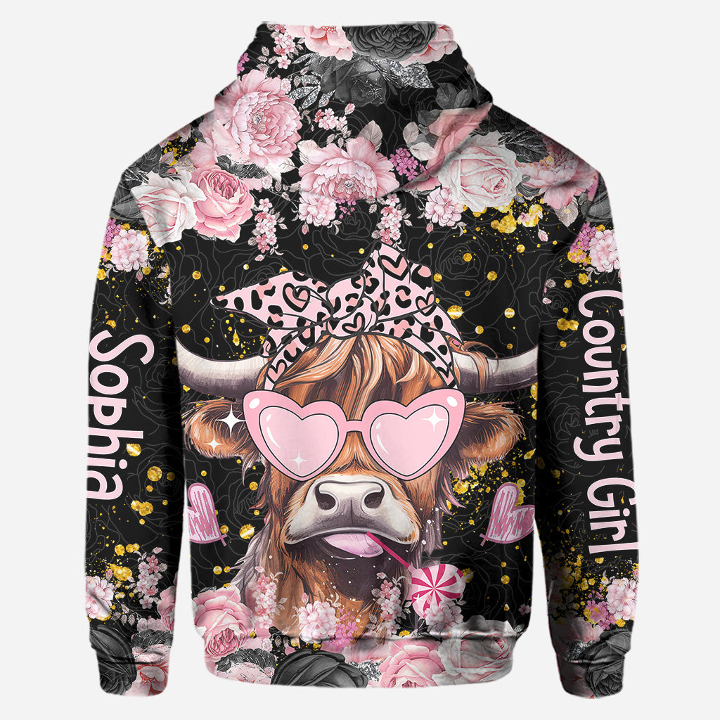 Black And Pink - Personalized Highland Cow Hoodie and Leggings