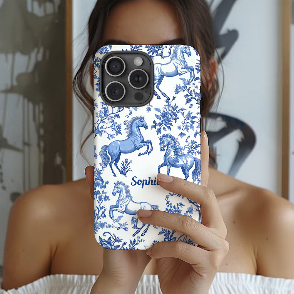 Horse Blue & White Toile de Jouy - Personalized Horse Full Print Phone Case