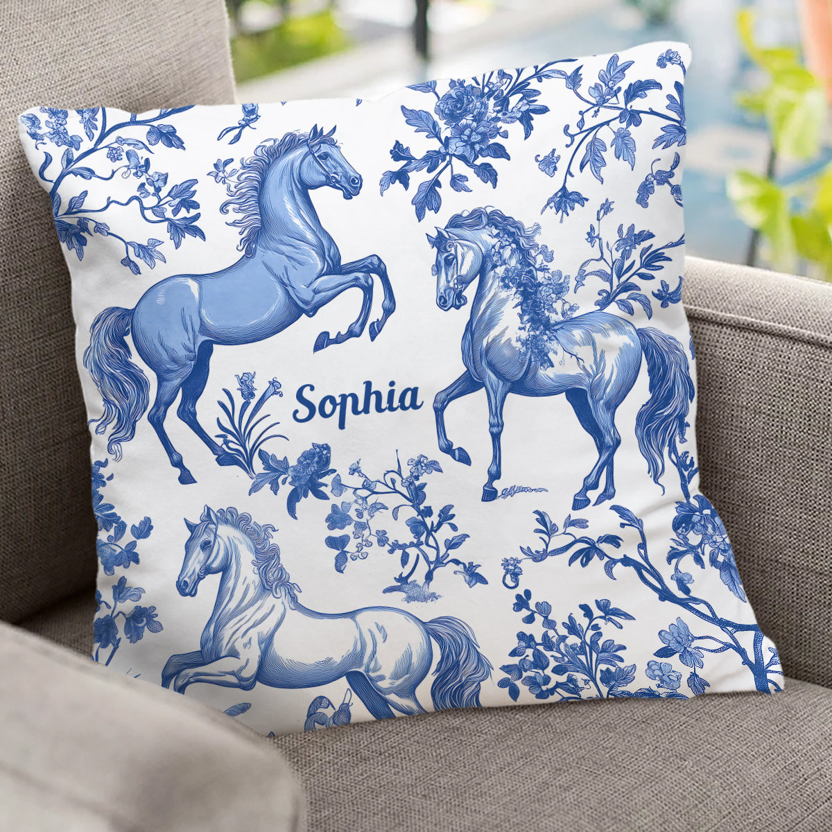 Horse Blue & White Toile de Jouy - Personalized Horse Throw Pillow