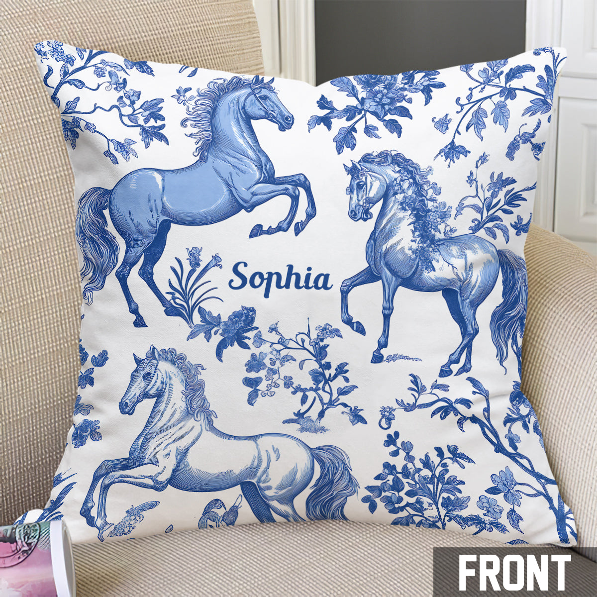 Horse Blue & White Toile de Jouy - Personalized Horse Throw Pillow
