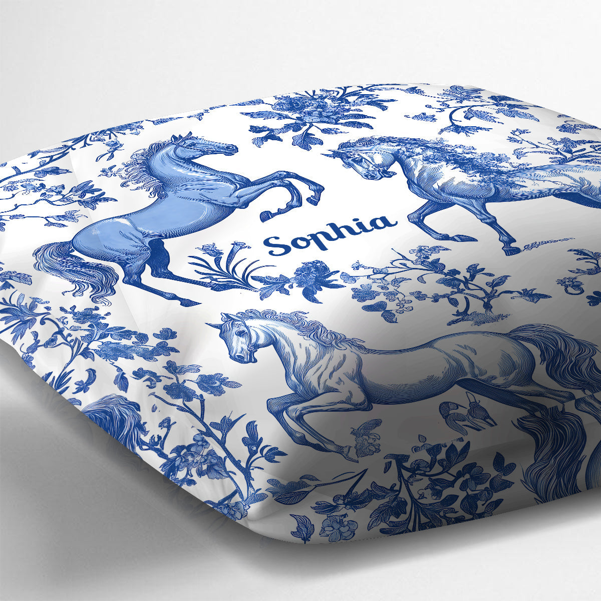 Horse Blue & White Toile de Jouy - Personalized Horse Throw Pillow
