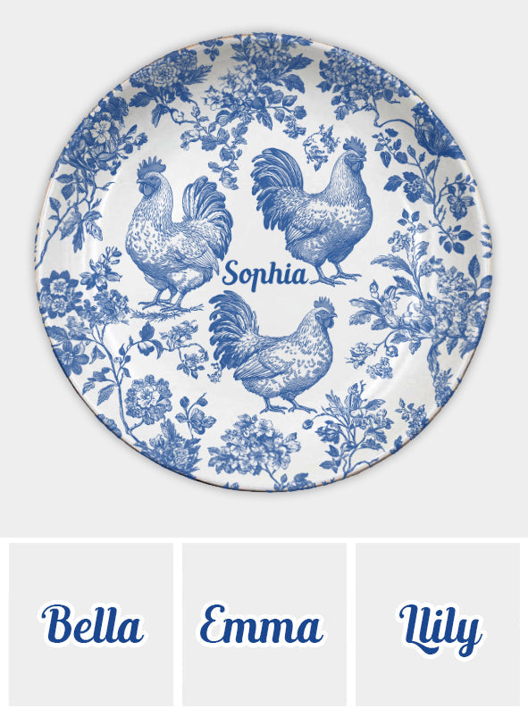 Personalisierte Schmuckschale mit Hühnermotiv im Toile-de-Jouy-Stil