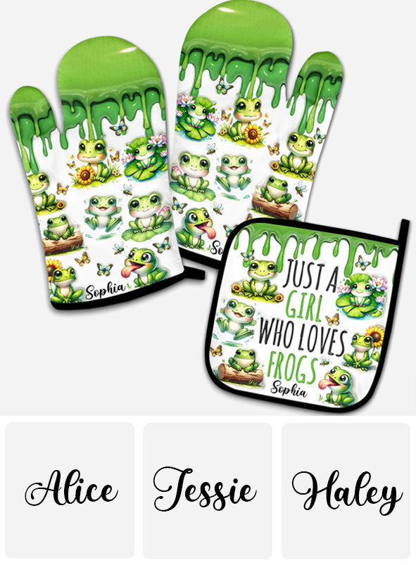 Une fille qui adore les grenouilles - Ensemble de maniques et de gants de cuisine personnalisés à motif grenouille