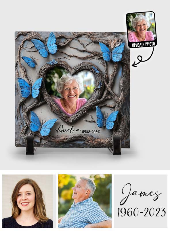 In Loving Memory Blue Butterfly - Personalized Memorial Square Shaped Stone