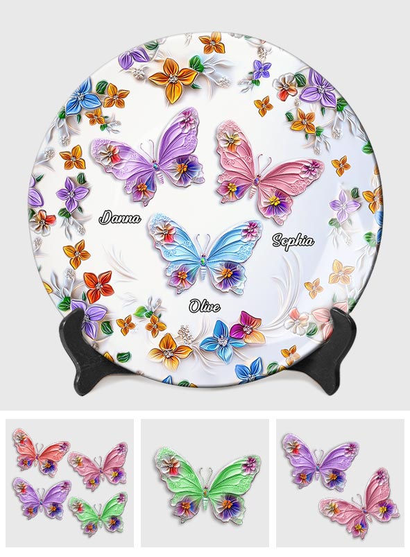 Assiette ronde en céramique personnalisée Bestie avec papillons et fleurs